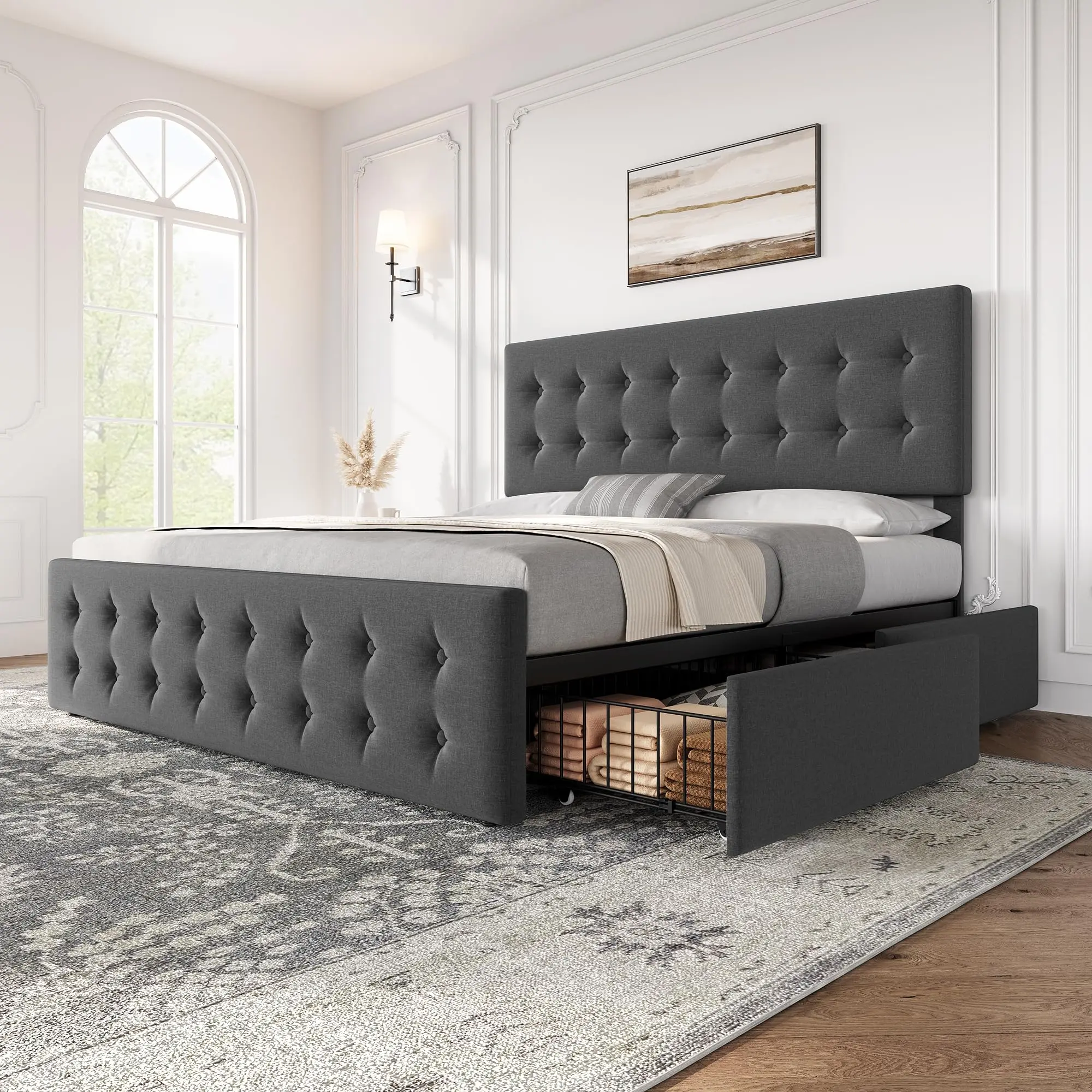 YJ-Garvee King Size and Queen Size Upholstered Bed Frames with 4 Storage Drawers, Button Tufted Design, Wooden Slat Support, Adjustable Headboard, Linen or Faux Leather Upholstery, No Box Spring Needed