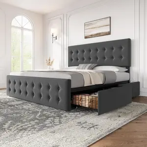 Garvee King Size and Queen Size Upholstered Bed Frames with 4 Storage Drawers, Button Tufted Design, Wooden Slat Support, Adjustable Headboard, Linen or Faux Leather Upholstery, No Box Spring Needed