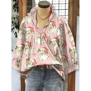 Women's Casual Christmas Holiday Santa Claus Print Ruffle Neck Long Sleeve Shirt Top