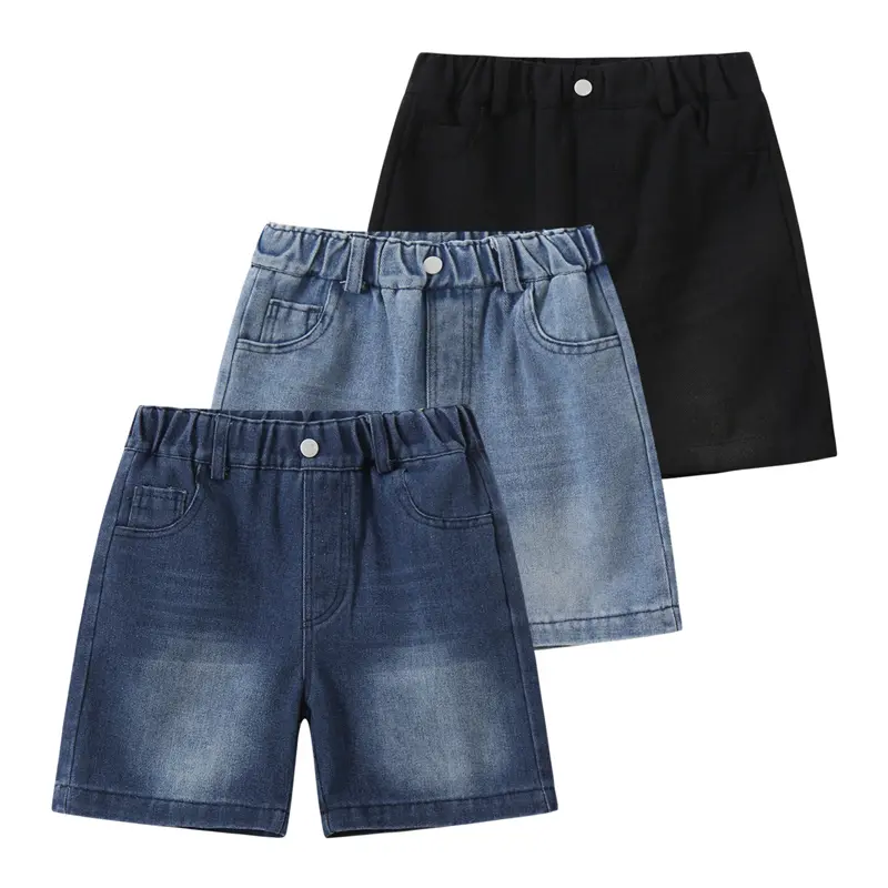 3-piece #SummerVibes girls' summer fashion Joker solid color denim shorts with buttons elastic waist casual and comfortable girls' shorts summer solid color simple casual pants Suitable for ages 3-14