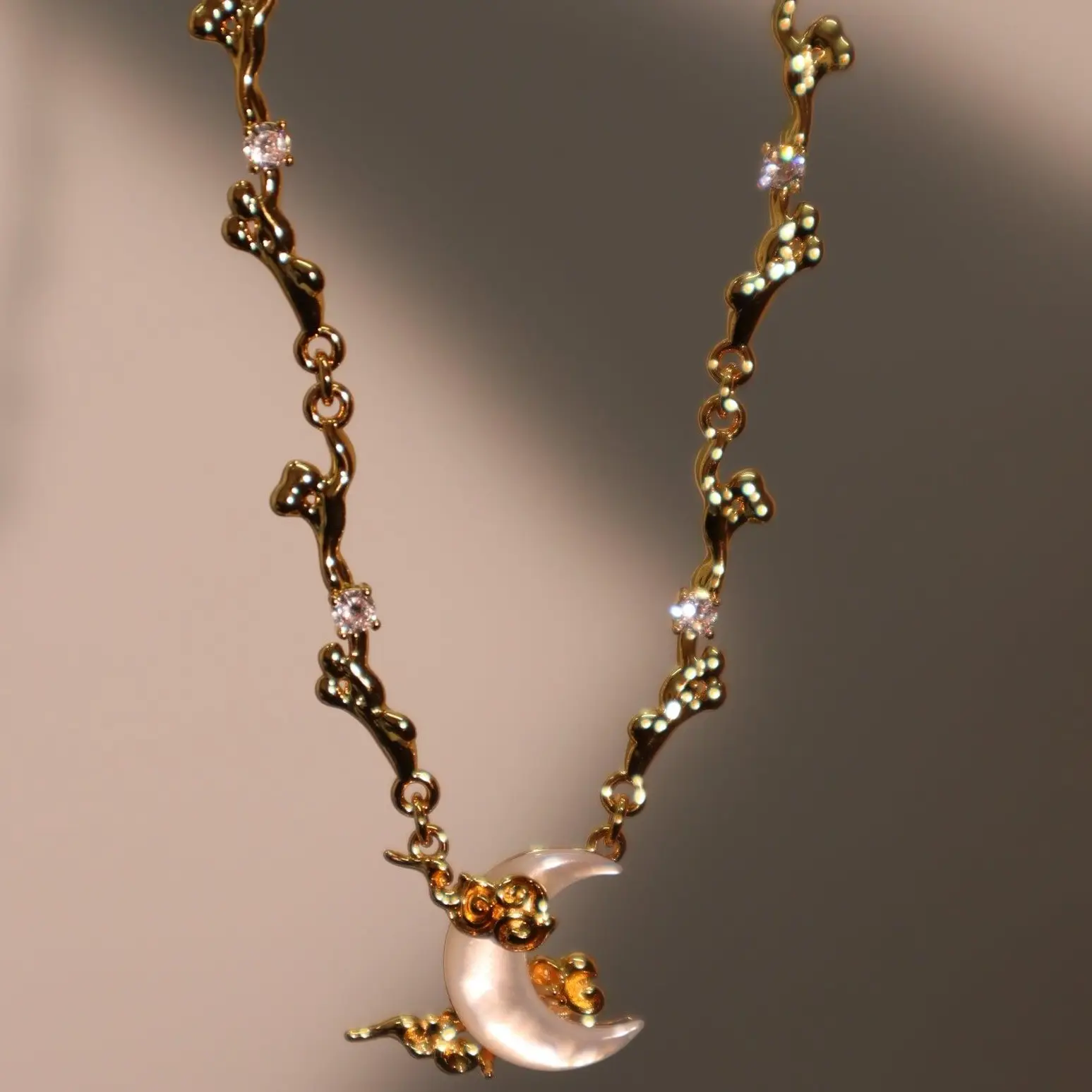 18K Real Gold Plated Diamonds Natural Shell Moon Necklace