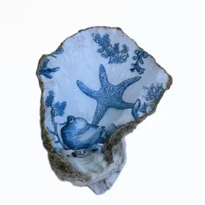 Blue + White Starfish With Gold Metallic Oyster Trinket Dish | Coastal Decor | Beach and Ocean themed Jewelry Holder | Handmade Florida Keys Shell Art