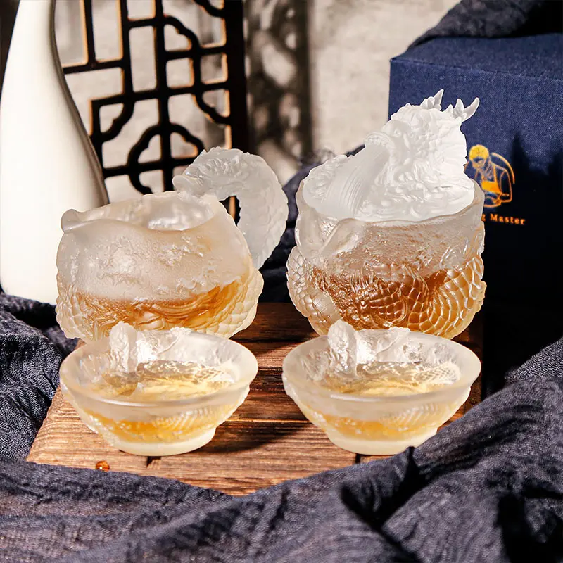 Ching Master | Carved Crystal Glassware Dragon Gaiwan Kettle set