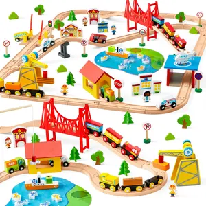 110PCS Wooden Train Set - Toy Magnetic Trains with Wooden Track Set for Kids Ages 3-8, City Scene Railway Set, Perfect Christmas Birthday Gift for Grandkids Toddlers Boys Girls Valentine's Day Gifts for Kids