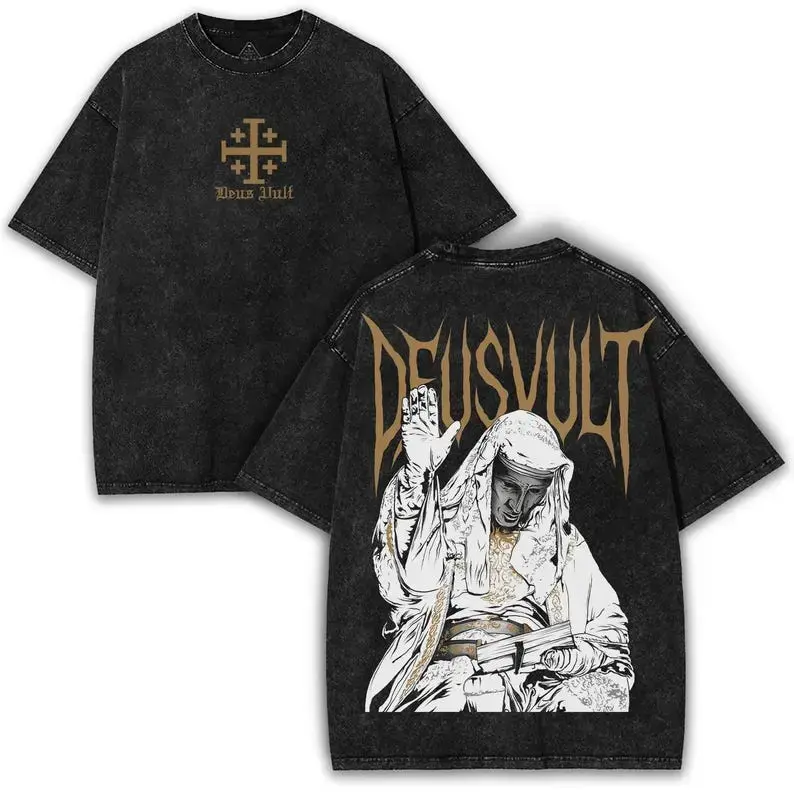 Men's Streetwear T-Shirt with Deus Vult Crusader Graphic, Oversized Fit, Short-Sleeve, Ribbed Neck in 230gsm Cotton, Apparel, Shortsleeve, Menswear, Soft