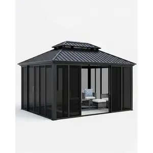 Garvee 12FT x 16FT Hard top Wood Gazebo with Clear Acrylic Wall for All Weather, Canopy Patio Tent with Double Metal Roof, Heavy Duty Wooden Frame for Patio, Deck, Backyard, Lawn, and Garden