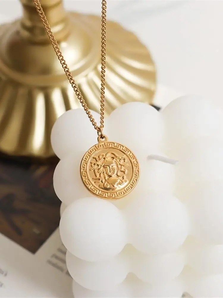 Mythology Medusa  18K Gold Plated Necklace,Ancient Greek Symbol Amulet Medal Necklace