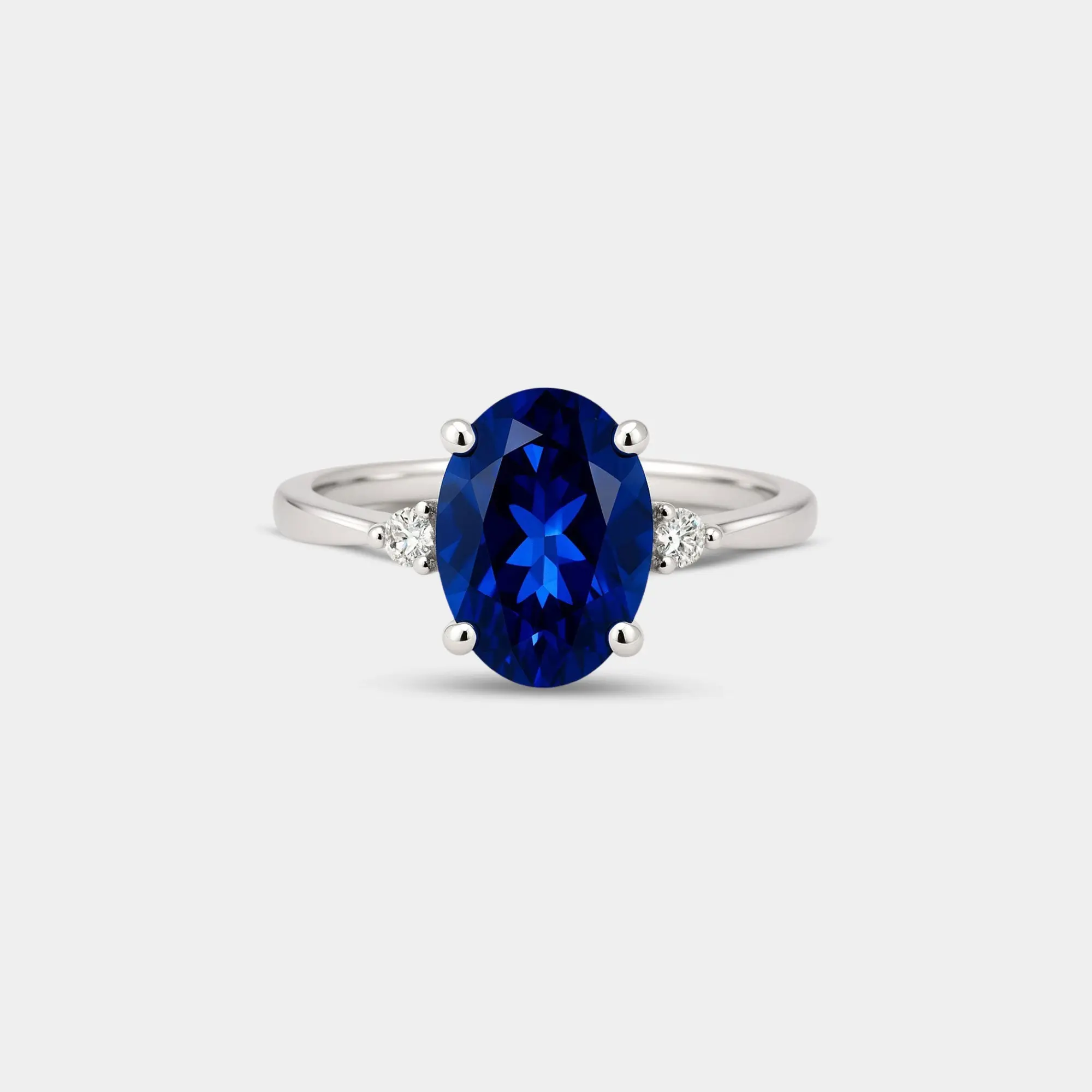Oval Blue Sapphire & Diamond 3-Stone Ring | 925 Sterling Silver | September Birthstone