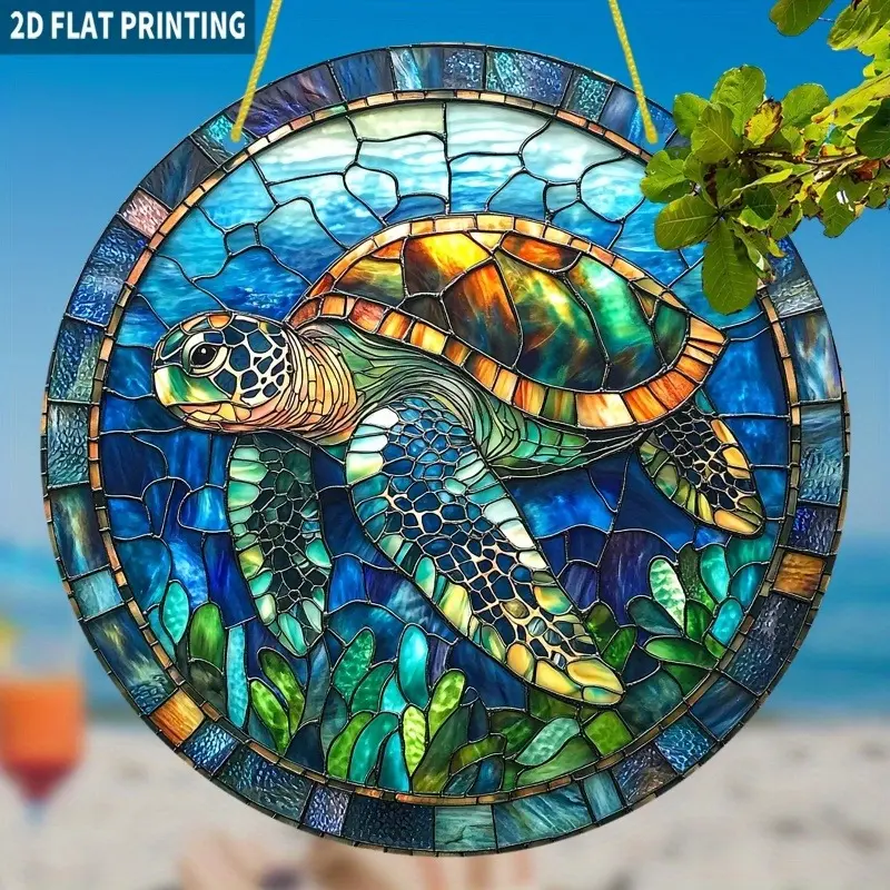 Retro Iron Acrylic Sea Turtle Sun Catcher Window Hanging - 8x8 inch Round Home Decor Plaque, Vintage Stained Glass Style, Vivid Bathroom Decoration with Light Effects, Ocean Lover Gift, Wardrobe