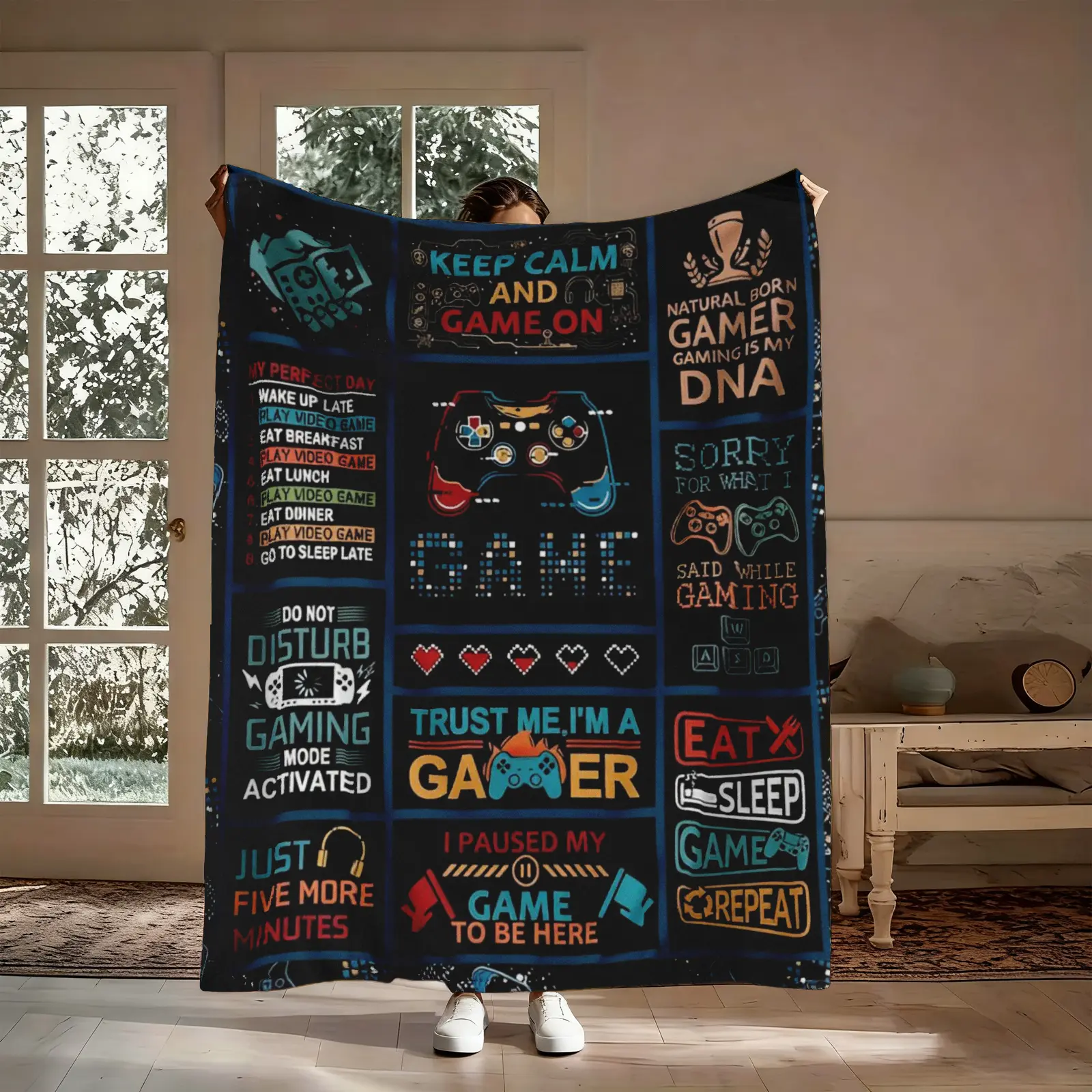 Gamer Blanket Gift, Gaming Mode Activated Eat Sleep Game Repeat Keep Calm Game On Pattern Flannel Throw, Soft Cozy Warm Nap Blanket for Bedroom Game Room Living Room, Funny Gift for Gamer Boyfriend Him Her, Birthday Christmas Holiday Present