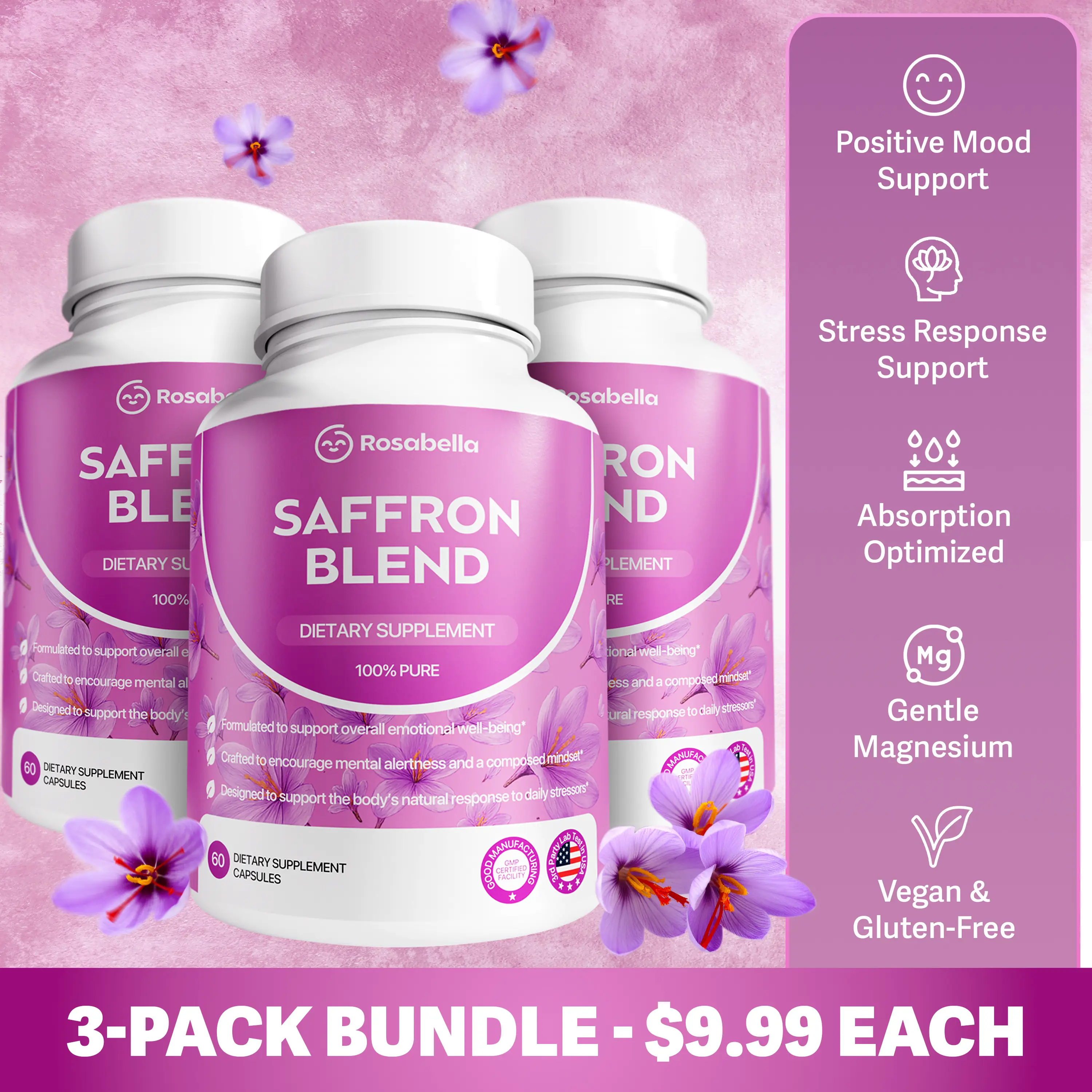Rosabella 3-Pack Saffron Blend - For Positive Mood & Stress Support - Vegan Glut...