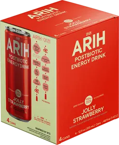 ARIH Postbiotic Energy Drink, Zero Sugar Clean Energy Drink with 100mg Natural Caffeine, Jolly Strawberry, 12 fl oz, 4 Pack