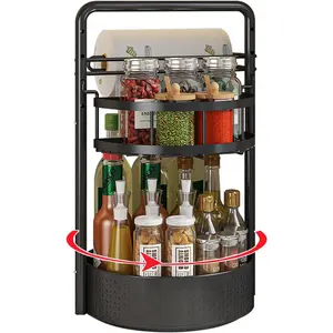 Rotating  Rack with Paper Towel Holder, 2 Tier Turntable Lazy Susan, Seasoning Organizer for Kitchen Countertop Cabinet, Black