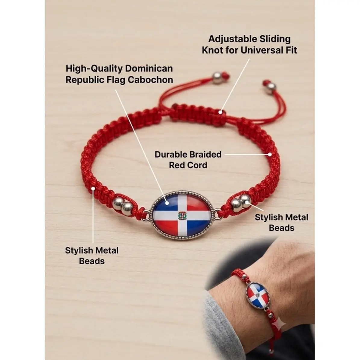 Dominican Republic Flag Braided Red Cord Bracelet Adjustable Patriotic Wristband with High-Quality Cabochon and Stylish Metal Beads