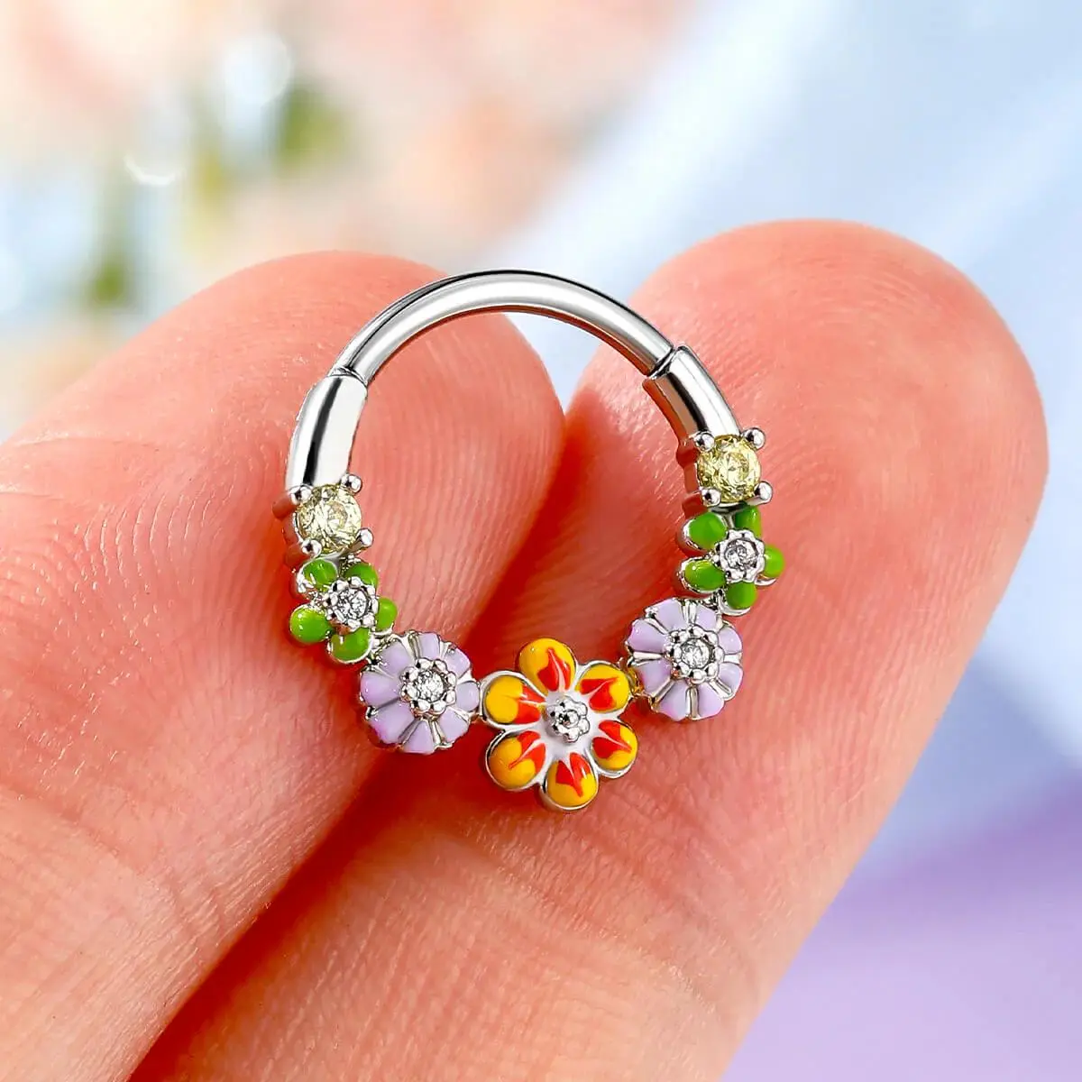 OUFER 16G Summer Vibe Colorful Flower Septum Nose Daith Piercing Ring Inner Diameter 10mm