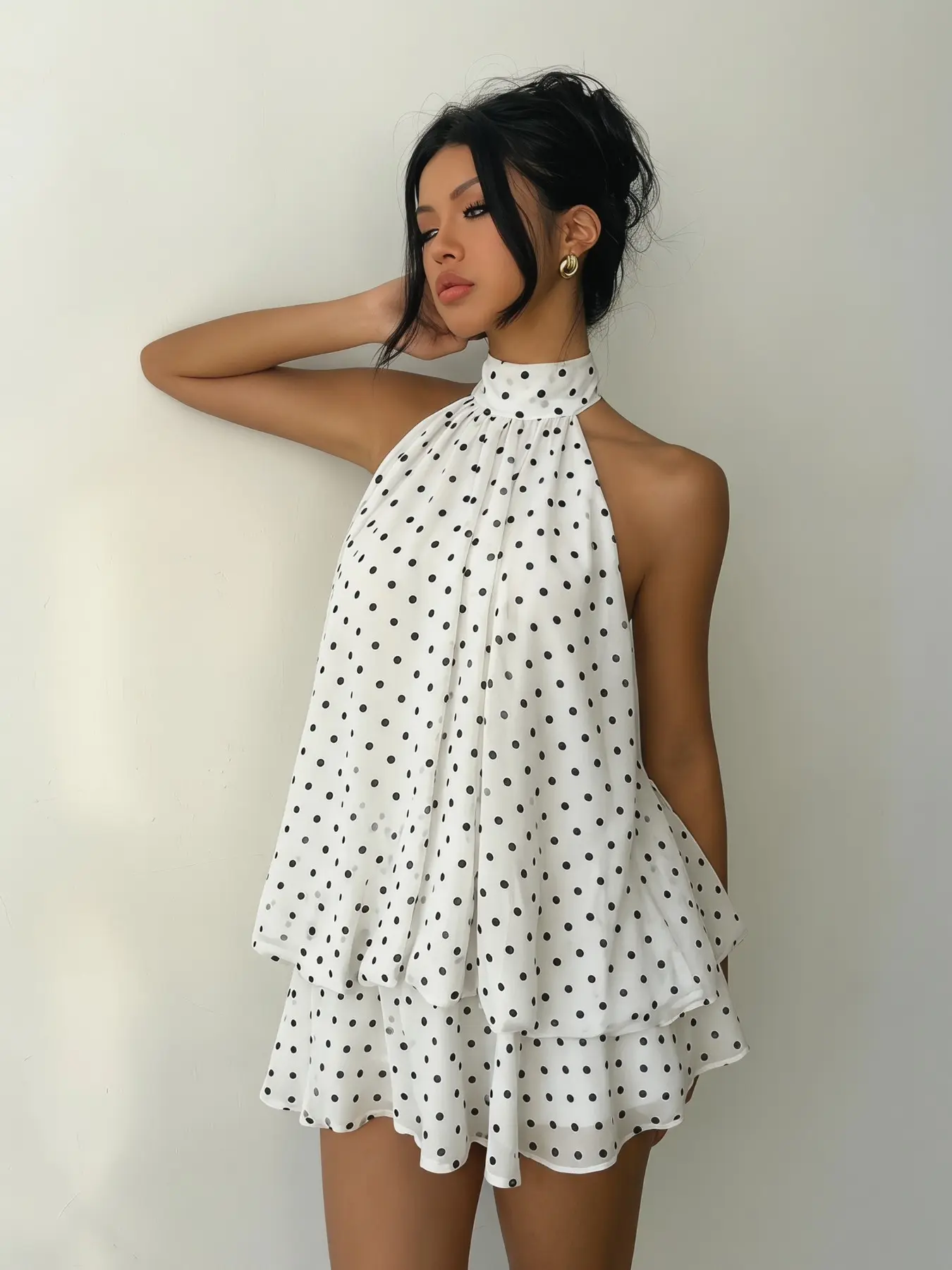 Polka Dot Halter Sleeveless Mini Dress, Y2K Baddie Chiffon A-Line Dress, High Waist Tiered Skirt, Loose & Flow Fit, Polka Dot Print Design, Viral TikTok Outfit, Ins Streetwear, Casual/Date/Vacation/Party/Photoshoot Wear, Versatile Polka Dot Dress