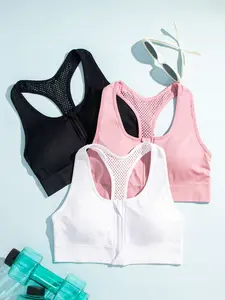 3 PCS Women's Wireless Push-Up Sports Bra Set, Front Zipper Backless Design, Breathable Hollow Out Summer Underwear