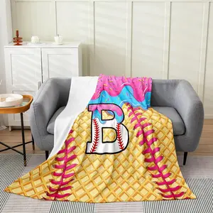 Baseball Letter A-Z Flannel Blanket For Kids Boys, Initial Letter Baseball Ice Cream Drip Warm Blanket for Couch Sofa Decor,Girls Pink Cream Alphabet Warm Cozy Fuzzy Blankets