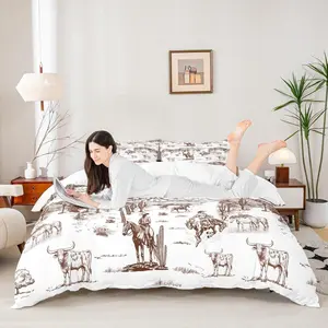Western Cowboy Bedding Set,Vintage Southwest Style Duvet Cover Set,Desert Cactus Cow Horse Animals Comforter Cover for Kids Boys Girls Adult Room Decor,Sketch Brown White Quilt Cover