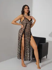 Women's Leopard Lace Trim Sleepwear Set, Spaghetti Strap Nightgown & Thong Two-Piece Suit, Comfortable Home Wear, Elegant Design