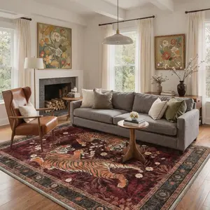 【Summervibes】GENIMO Tiger Print Area Rugs, Boho Vintage Oriental Living Room Rug, Non Slip Washable Rug Stain Resistant, Low Pile Thin Soft Animal Botanical Carpet for Bedroom, Dining Room, Office, Red