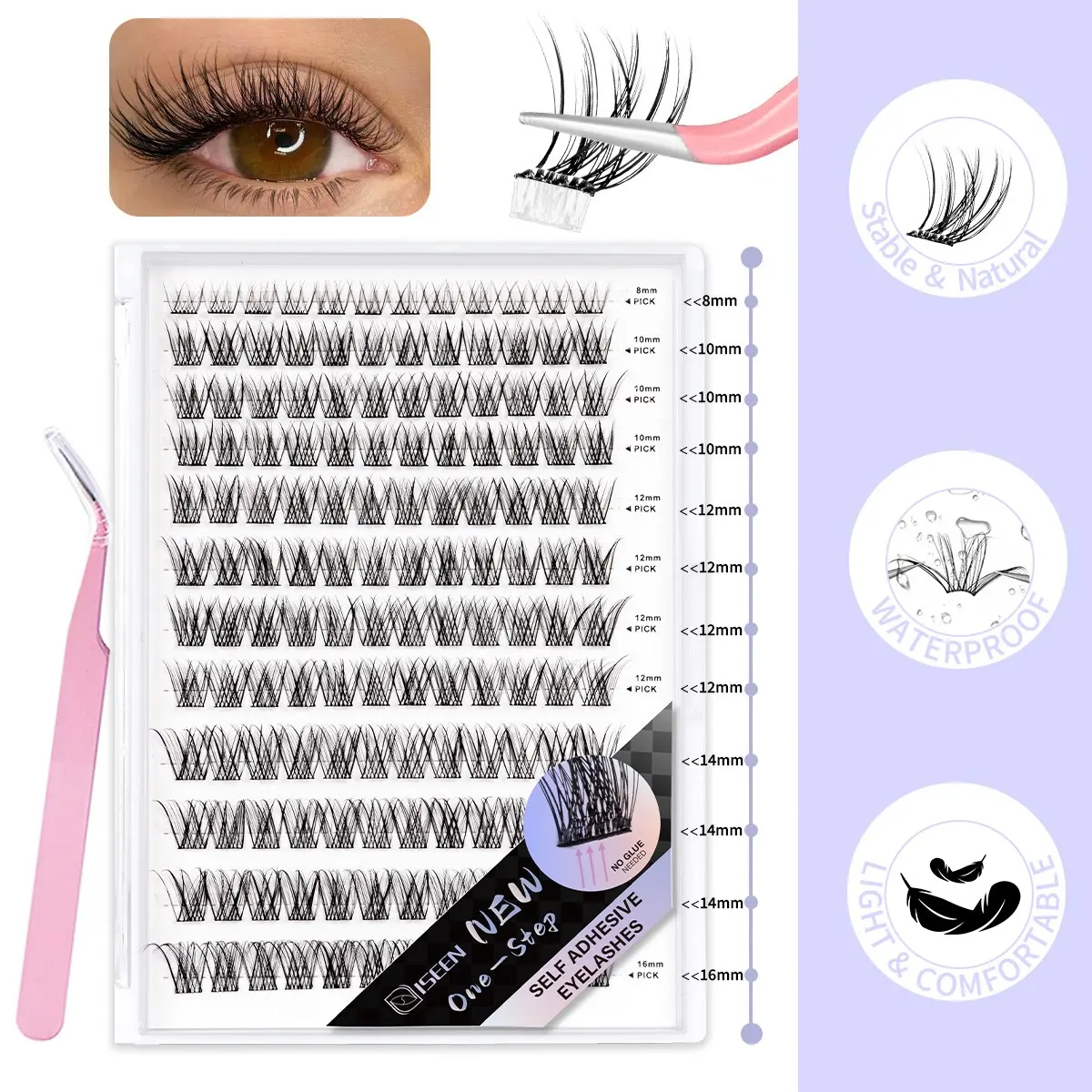 Self Adhesive Eyelashes, DIY Eyelash Cluster, 144 Pcs Self Adhesive Eyelash Clusters, No Glue Needed, Invisible Band Lash Clusters - Longer Lasting, No Sticky Residue Pre Glued Eyelashes(Natural-Invisible Band)