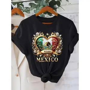 Women's Graphic T-Shirt with Retro Mexico Print, Short Sleeve Cotton Top for Casual Everyday Wear and Sporty Gym Fits