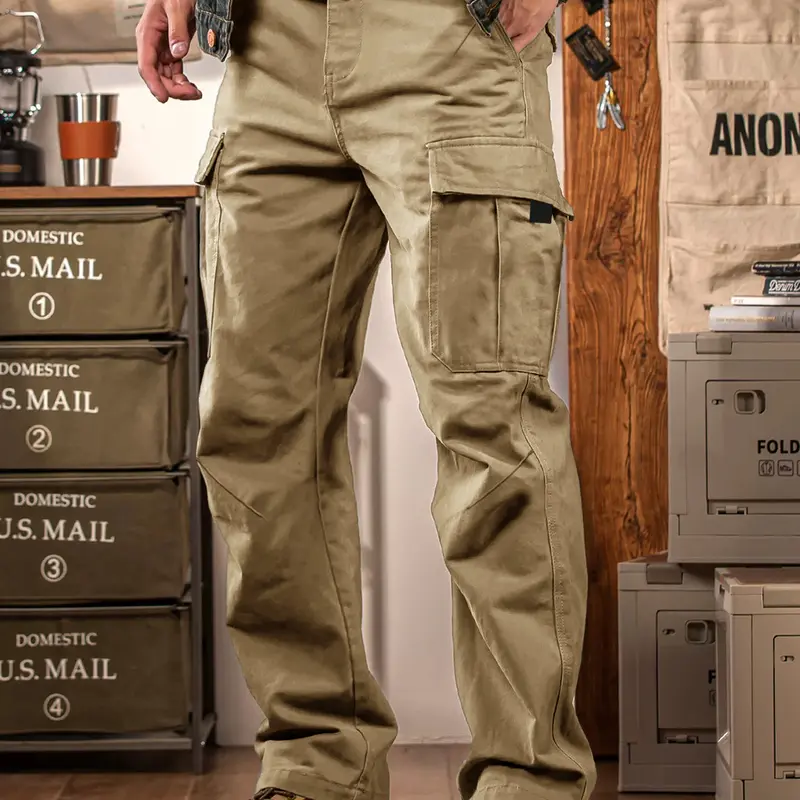Men's Durable Woven Straight-Leg Utility Cargo Pants - Cute, Outdoor Ready, Preppy, Multi-Pockets, Tactical Style, Comfortable Fit, Korean Retro Vintage Workwear Bottoms for Outdoor Training, Hiking