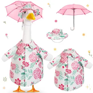 23" Pink Floral Porch Goose Outfit - Flower Skirt with Umbrella for Spring Summer Lawn Patio Yard Decor