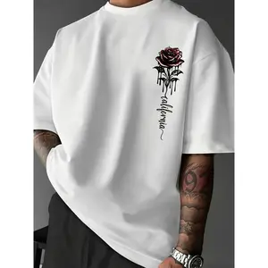 Cotton short sleeve T-shirt comfortable loose fit men's casual rose print T-shirt-crew neck, polyester blend, quick-drying, summer wear 052