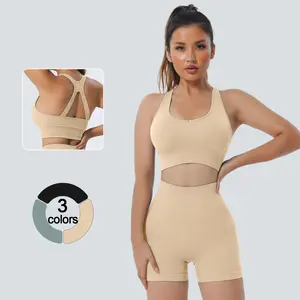 NcmRyu Women's Ribbed Seamless Sports Bra & High-Waisted Shorts Set - Back Cutout Tummy-Control Sculpting Activewear for Yoga Gym Training