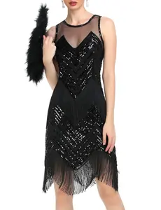 PrettyGuide 1920s Flapper Dresses for Women Sequin Beaded Art Deco Fringe Great Gatsby Cocktail Party Dress