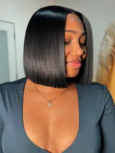4*4 Lace Closure Straight Bob Wig, Human Hair Double Drawn Blunt Cut Bob, Pre Plucked 4x4 Lace Natural Hairline with Elasit Band, Short Bob Wig for Women 8-10 Inch, Lace Frontal Wigs