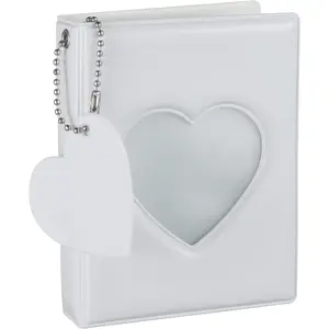 3 Inch Kpop Photocard Holder Book,Mini Photo Album Mirror-Like Photocard Binder,Small Photo Card Book Love Heart Hollow Photocard ID Holder with Love Heart Pendant 32 Pockets (White)