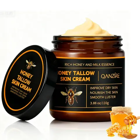 QANZiRE Organic Grass-Fed Beef Tallow Honey Balm - Gentle Hydrating Body & Lip Care, Deep Moisture Cream with Raw Honey, Beeswax & Vitamins, Radiant Skin Boost for All Skin Types