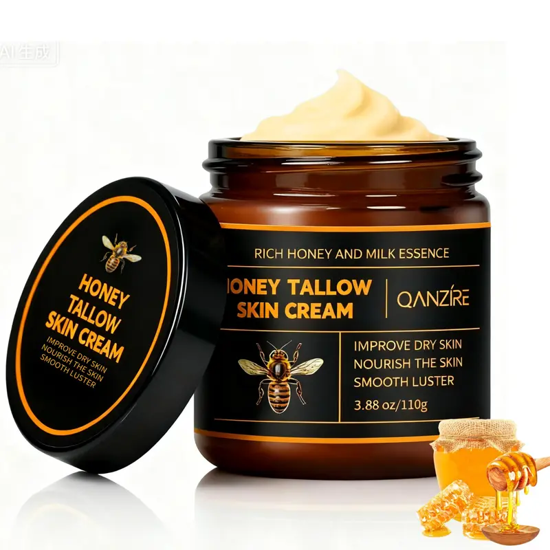 QANZiRE Organic Grass-Fed Beef Tallow Honey Balm - Gentle Hydrating Body & Lip Care, Deep Moisture Cream with Raw Honey, Beeswax & Vitamins, Radiant Skin Boost for All Skin Types