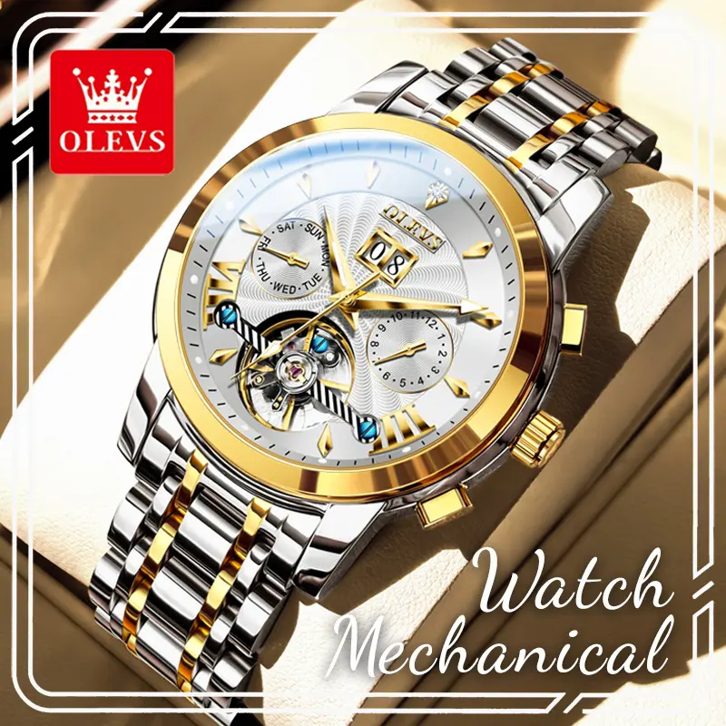 OLEVS Men's Business Stainless Steel Analog Watch, 41mm Automatic Mechanical with Hollow Flywheel, Luminous Hands, Date/Week/Month Display, Analog Watches