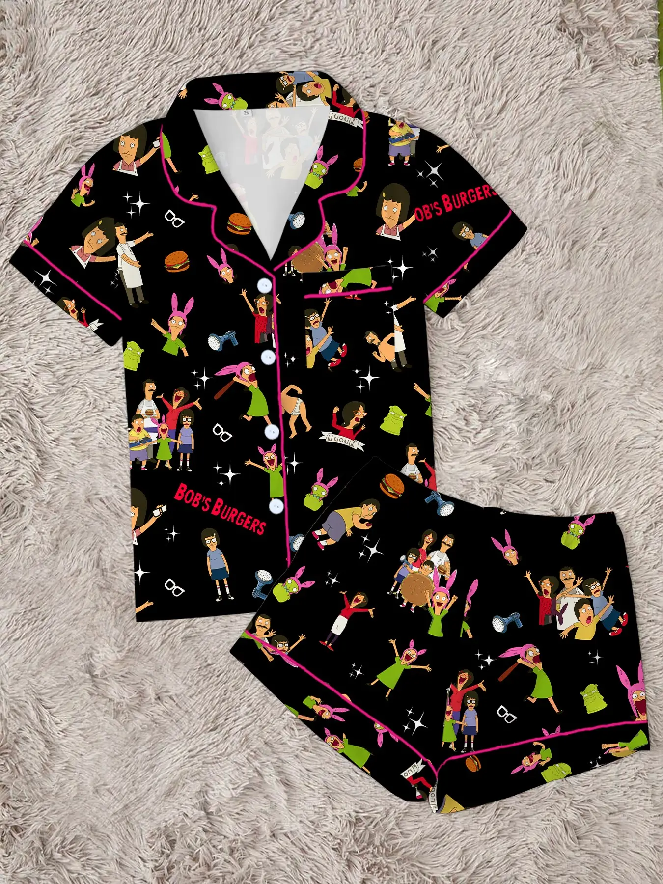 Bobs Burgers Family Cute Burger Print Lapel Short Sleeve Shorts Pajama Set, Womenswear Pyjamas Comfortable Casual Loungewear Outerwear Party Gift Home Wear, Nightwear, Pjs, Homewear Pajamas