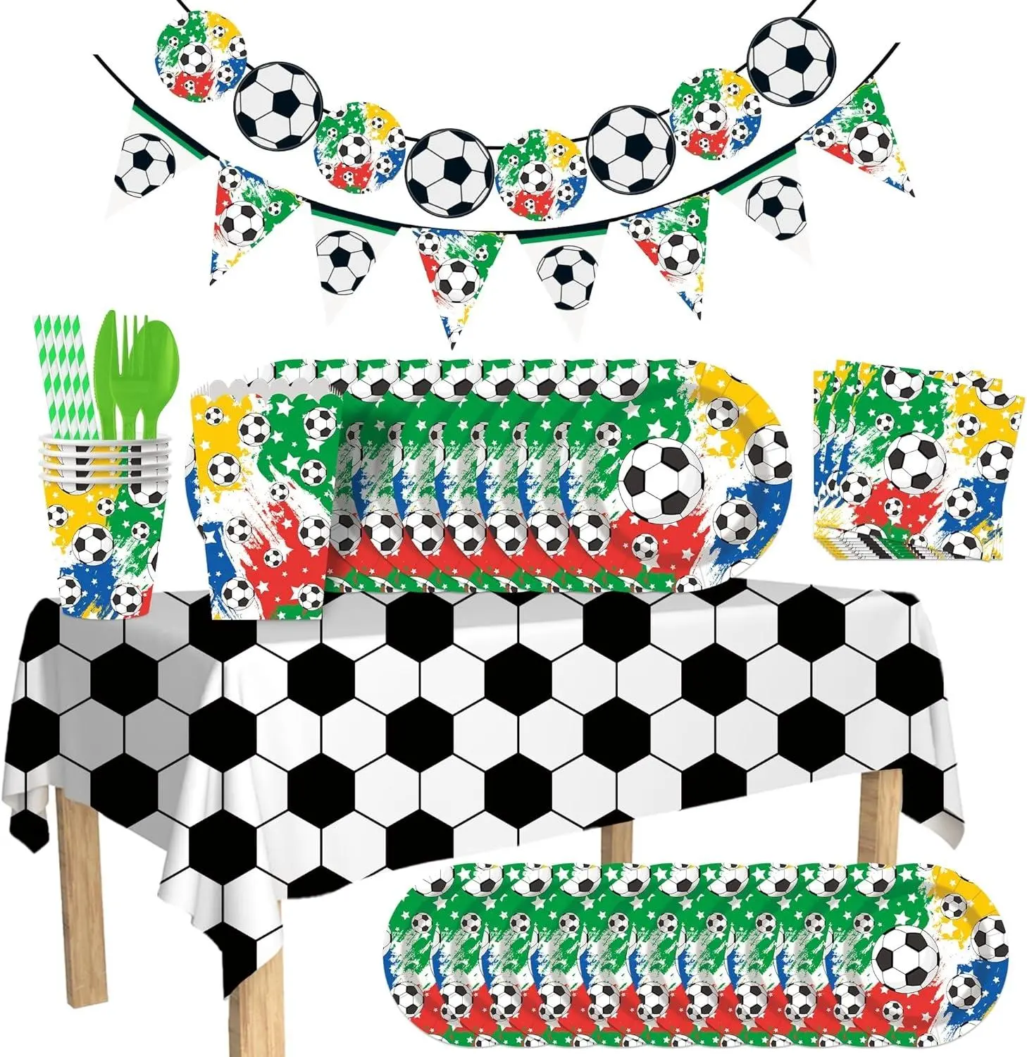 2026 Soccer Birthday Party Kit, 182-Piece Disposable Dinnerware Set with Plates, Cups, Napkins, Table Cover, Snack Buckets, Straws & Utensils for Game Night, Kids Party, Serves 20