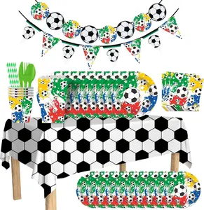 2026 Soccer Birthday Party Kit, 182-Piece Disposable Dinnerware Set with Plates, Cups, Napkins, Table Cover, Snack Buckets, Straws & Utensils for Game Night, Kids Party, Serves 20
