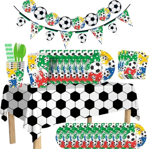 2026 Soccer Birthday Party Kit, 182-Piece Disposable Dinnerware Set with Plates, Cups, Napkins, Table Cover, Snack Buckets, Straws & Utensils for Game Night, Kids Party, Serves 20