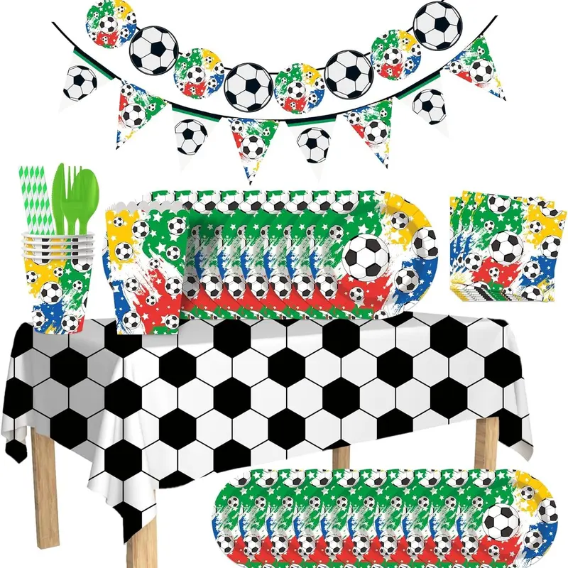 2026 Soccer Birthday Party Kit, 182-Piece Disposable Dinnerware Set with Plates, Cups, Napkins, Table Cover, Snack Buckets, Straws & Utensils for Game Night, Kids Party, Serves 20