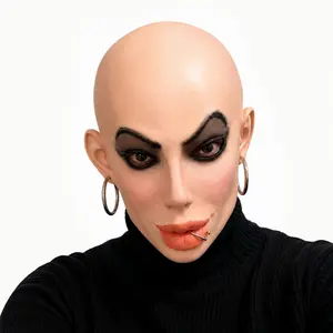 Realistic Bald Woman Latex Mask with Earrings & Lip Ring, Funny Drag Queen Face Cover, Cross-Dressing Costume Prop for Halloween