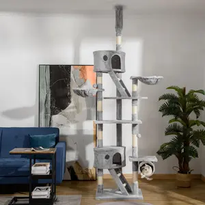 102" Tall Floor to Ceiling Cat Tree with Scratching Posts, Condos, Hammocks, Tube, Ladder, Platforms, 2 Toy Balls, Adjustable Height 94.5-102.4", for Cats Under 10 lbs, 23.6"L x 17.7"W