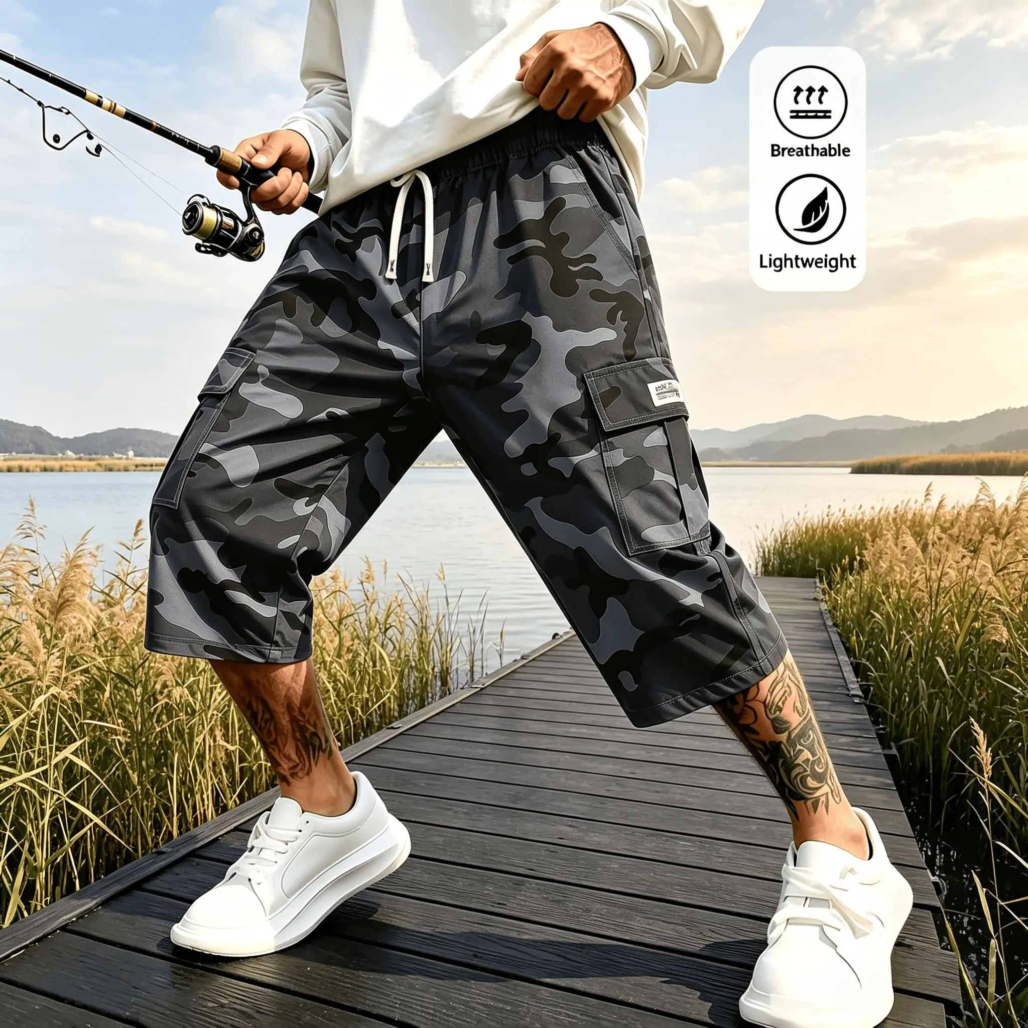 Men’s Camo Cargo Capri Shorts, Lightweight Breathable Quick Dry 3/4 Length Cropped Pants, Elastic Drawstring Multi Pocket Casual Outdoor Fishing Hiking Workout Capri Trousers in Regular Sizes，Comfy Elastic Waist Drawstring Pants