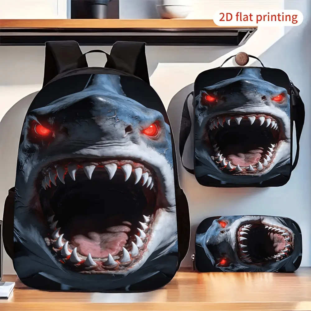 Evil Red-Eyed Shark 3-Piece Backpack Set, Horror Print School Bag + Lunch Bag + Pencil Case, Oxford Cloth Adjustable Strap Daypack for Thrill-Seekers & Kids