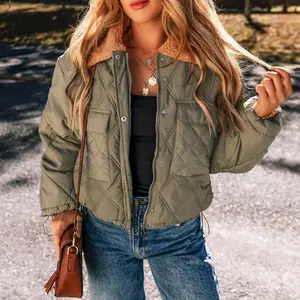Jungle Green Teddy Collar Flap Pockets Quilted Puffer Jacket