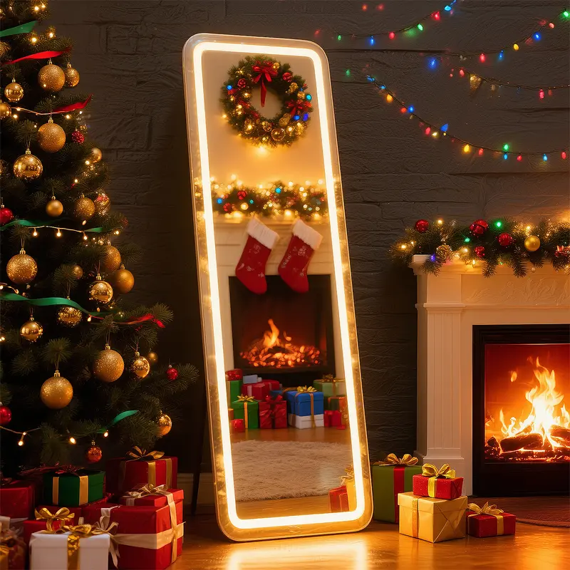 Illuminated Full Length Floor Mirror - LED Lights, Dimming & Color Options, Sturdy Aluminum Frame Stand Mirror for Makeup, Try-On Haul, House Decor, Girl Room Aesthetic Decor, Illuminated Mirror