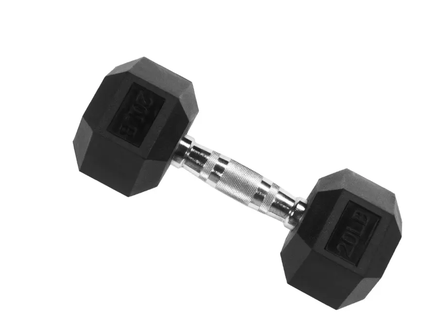 Rubber Encased Hex Dumbbell, 20 lb, Single, Black Rubber Encased Hex Dumbbell, 20 lb, Single, Black