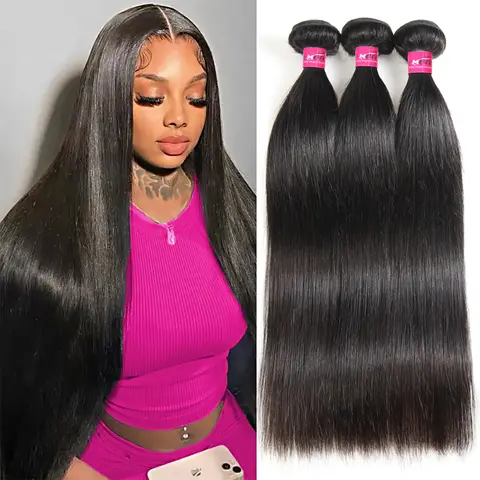 Long Straight Hair Bundles Brazilian Body Wave Human Hair Weave Bundles Quick Weave Extensions 3/4PCS Upgrade 15A Straight Human Hair EXtensions